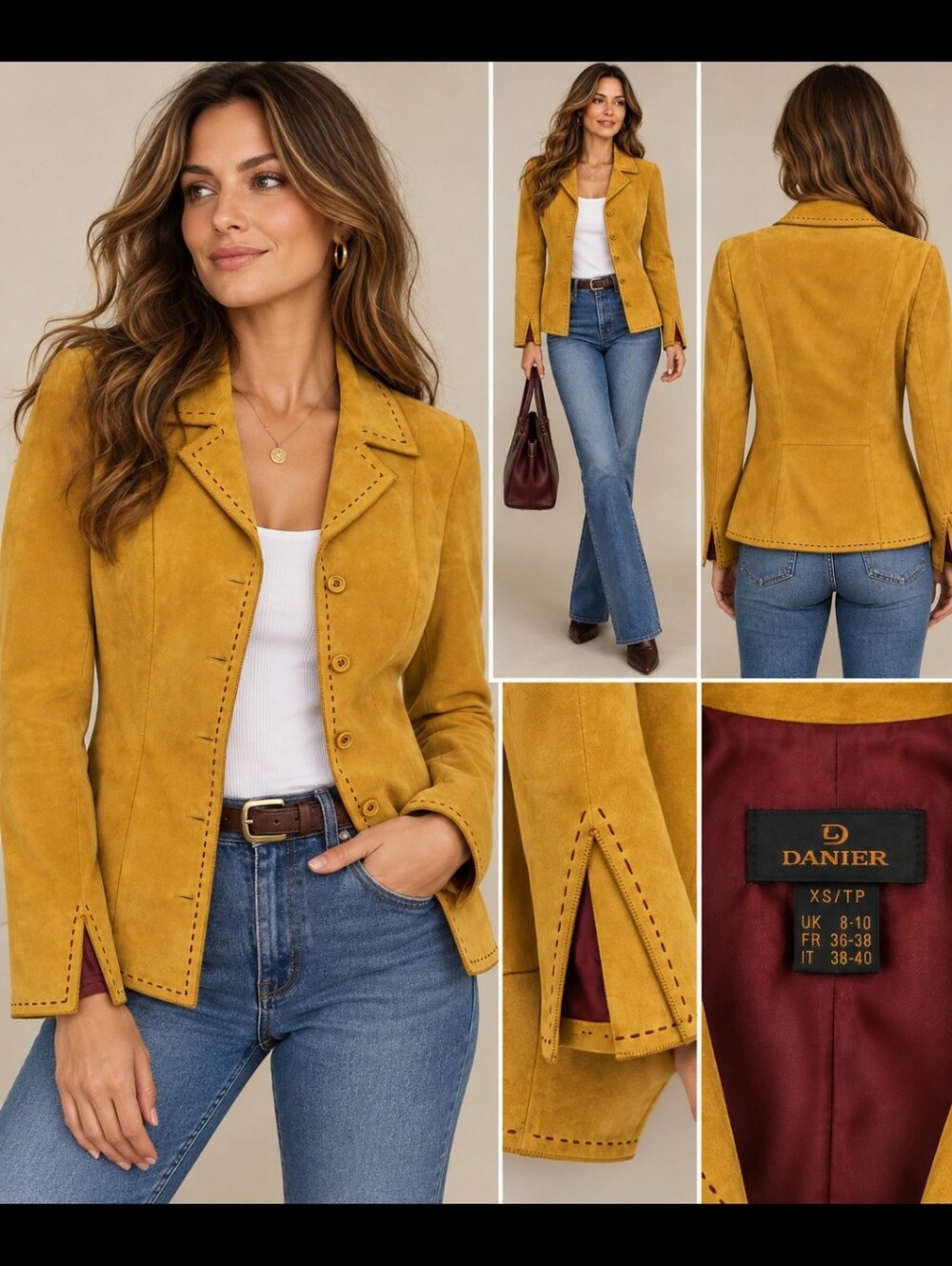 Danier Genuine Suede Leather Blazer Jacket XS Mustard Gold Y2K 2000s Burgundy Li